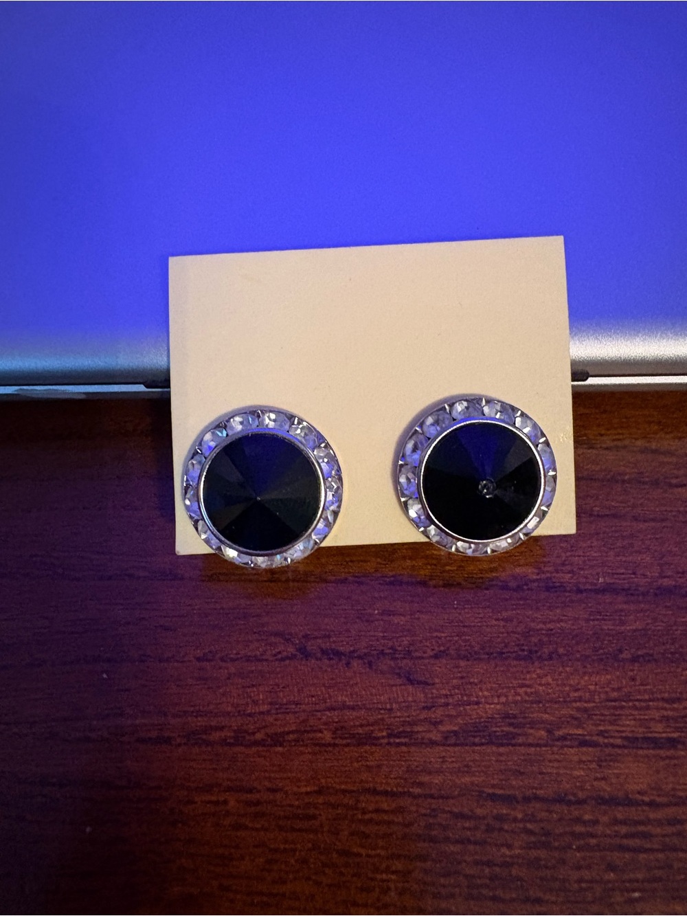 Vintage Black Crystal Stud Earrings with Clear Rhinestone Halo